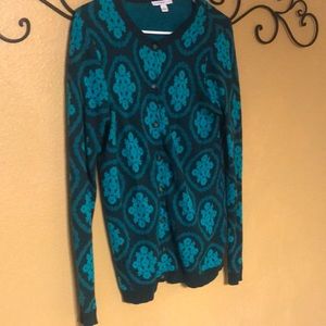 Isaac Mizrahi Live Green and dark green cardigan.